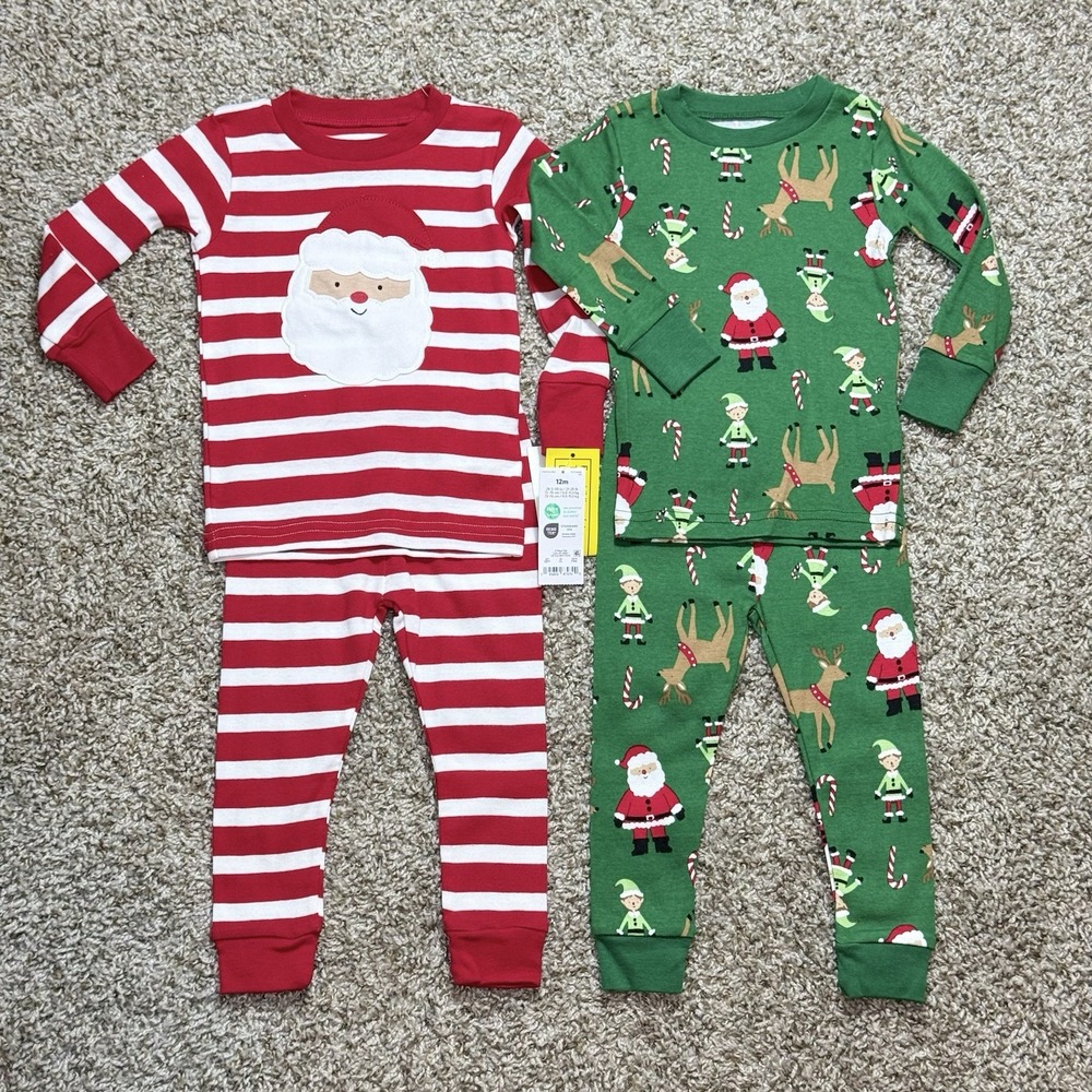 Carters Baby 12M Christmas Pajamas 4pc Set Santa Reindeer Elf Cotton Holiday NWT
